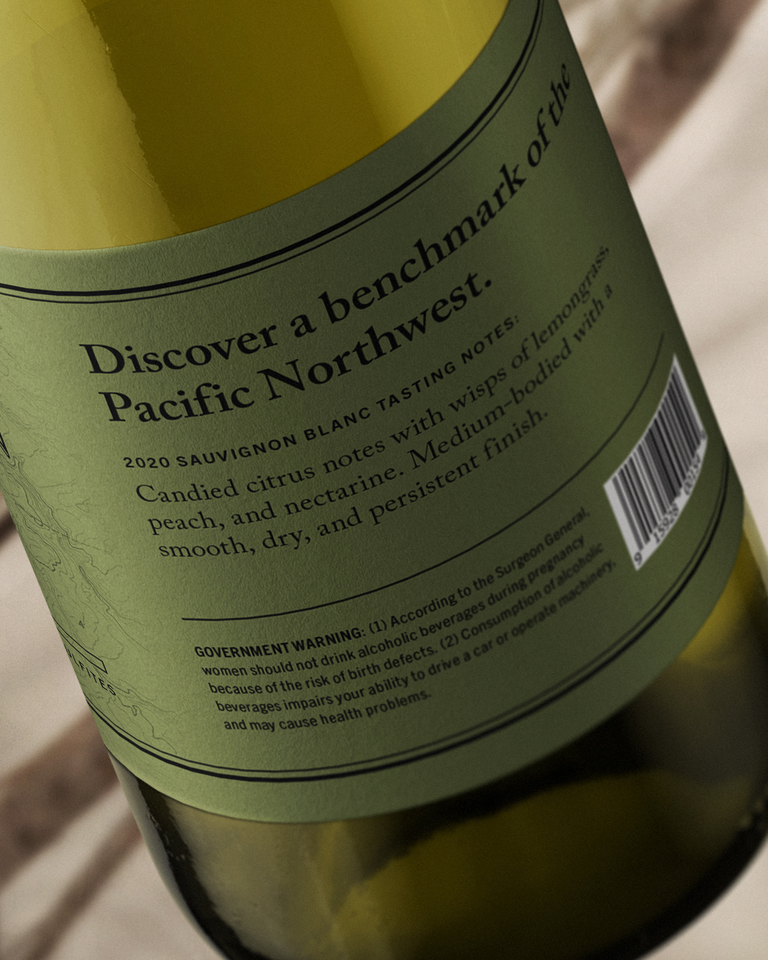 Moss green colored sauvignon blanc wine label from the Horse Heaven Hills AVA.