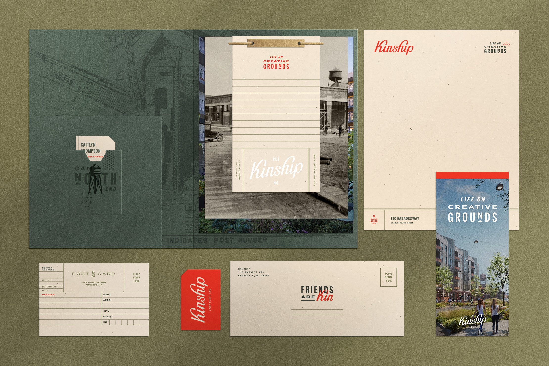 Printed leasing kit for Kinship; an artistic luxury apartment complex.