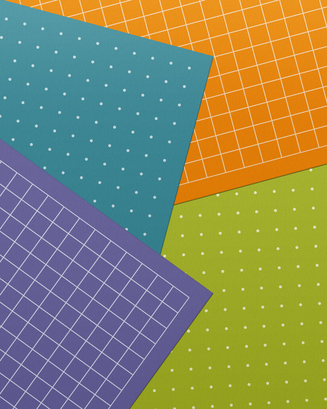 Dot and grid pattarns on purple, orange, lime green, and teal paper stock.