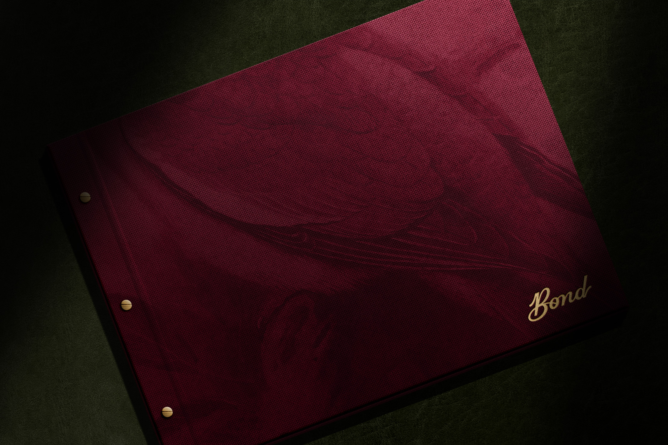 Burgundy screw post binder with an overprinted illustration of a carrier pigeon.