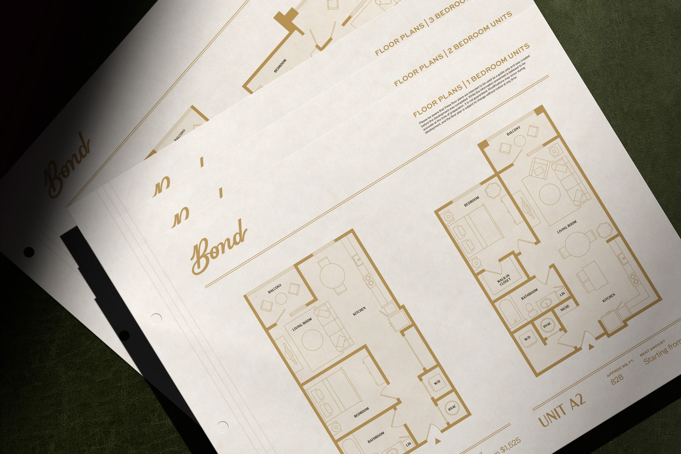 Multifamily unit floorplan layout sheets.